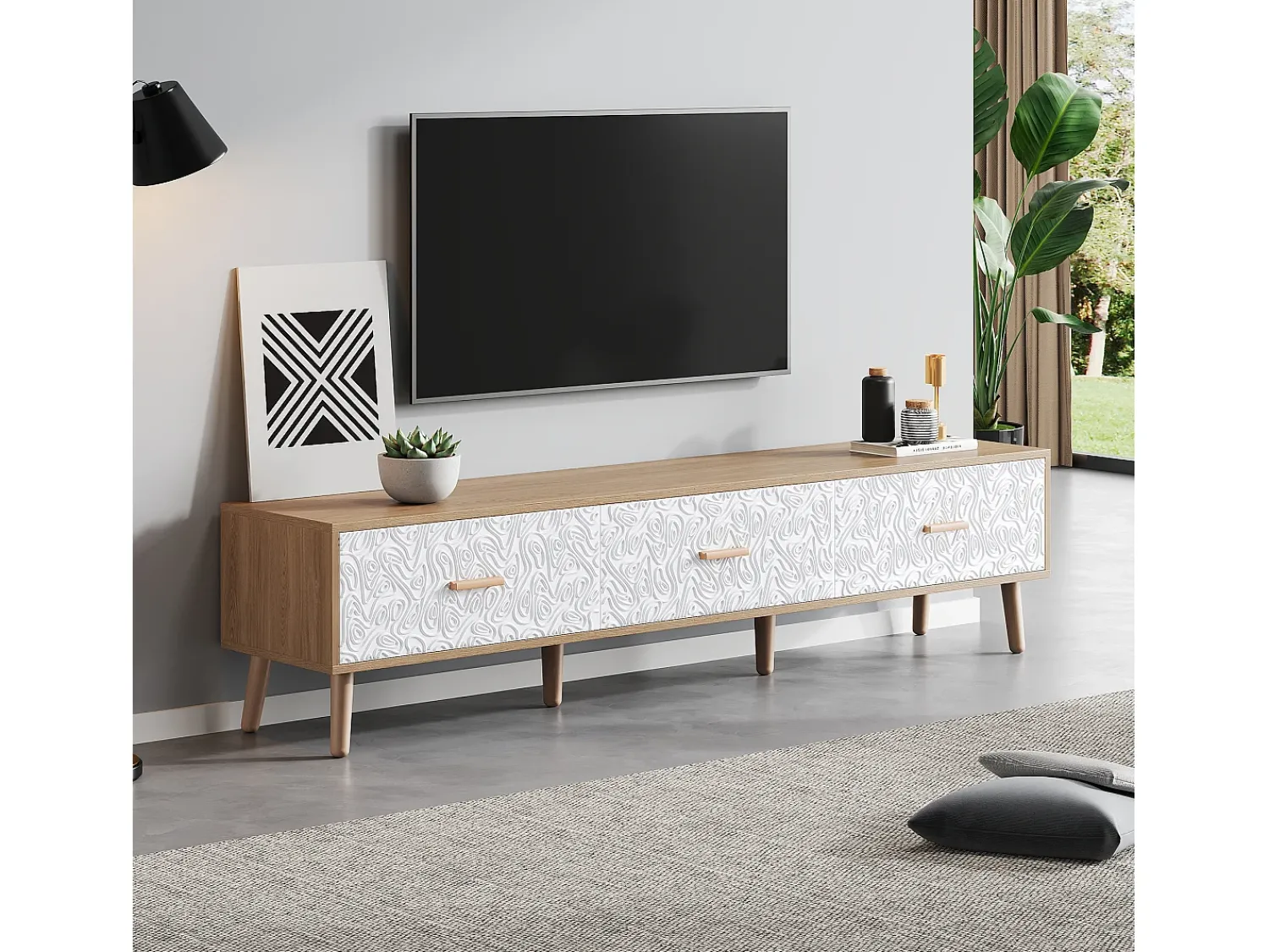 Móvel De Tv|Hauss Spole Suporte para TV com 3 gavetas - Painel da porta texturado branco - Cor natural 150x35x39cm Natural claro