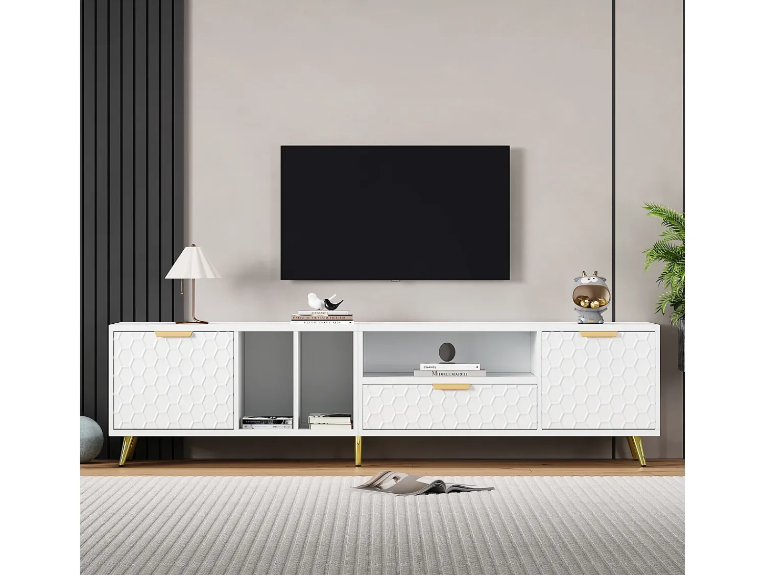 Móvel De Tv|Hauss Spole Suporte para TV com 1 gaveta e 2 portas - Padrão colmeia - Pés em metal - Branco