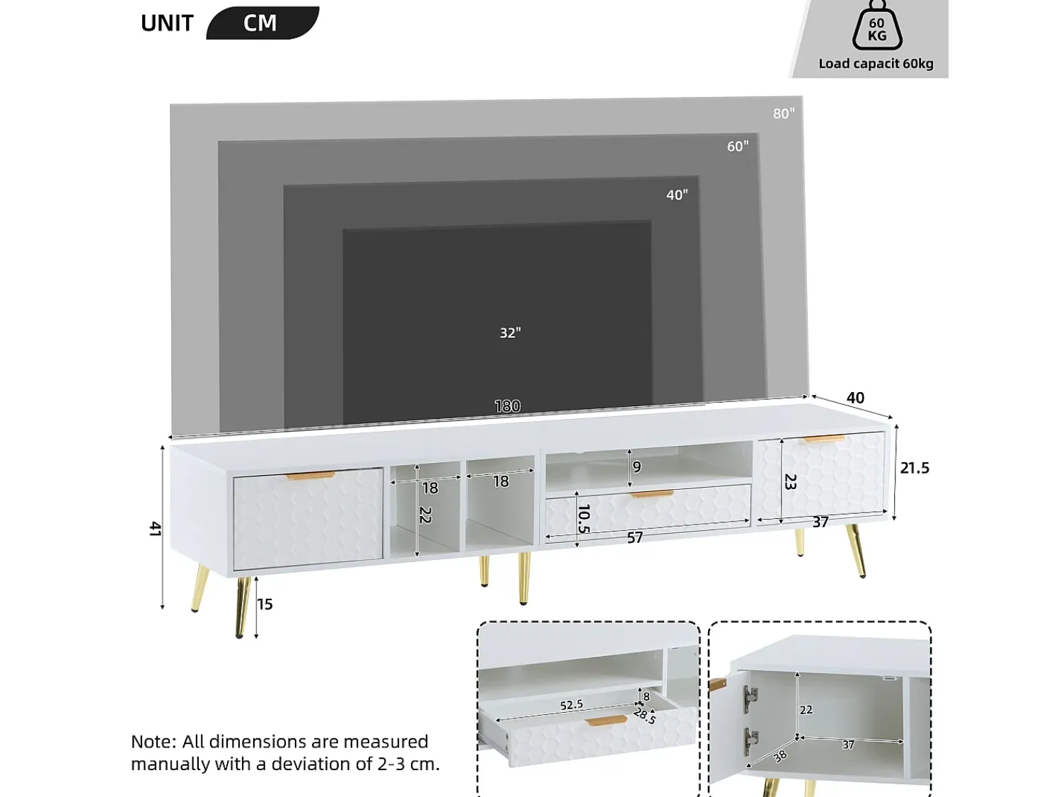 Móvel De Tv|Hauss Spole Suporte para TV com 1 gaveta e 2 portas - Padrão colmeia - Pés em metal - Branco