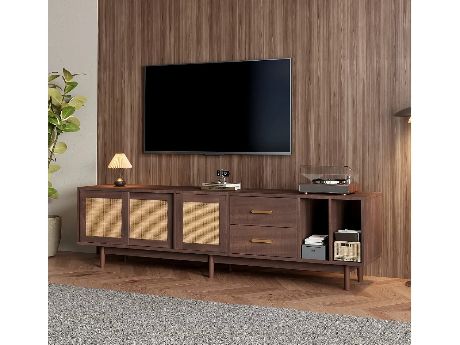 Móvel De Tv| Suporte para TV com 2 portas e 2 gavetas - Suporte para TV com 2 espaços de arrumação abertos - - para sala de estar Castanho