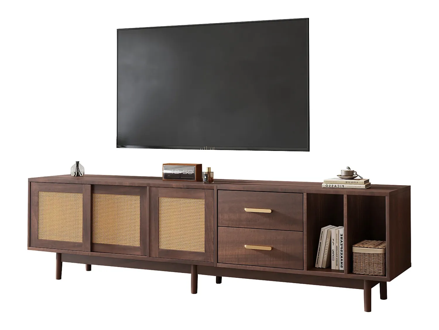 Móvel De Tv| Suporte para TV com 2 portas e 2 gavetas - Suporte para TV com 2 espaços de arrumação abertos - - para sala de estar Castanho