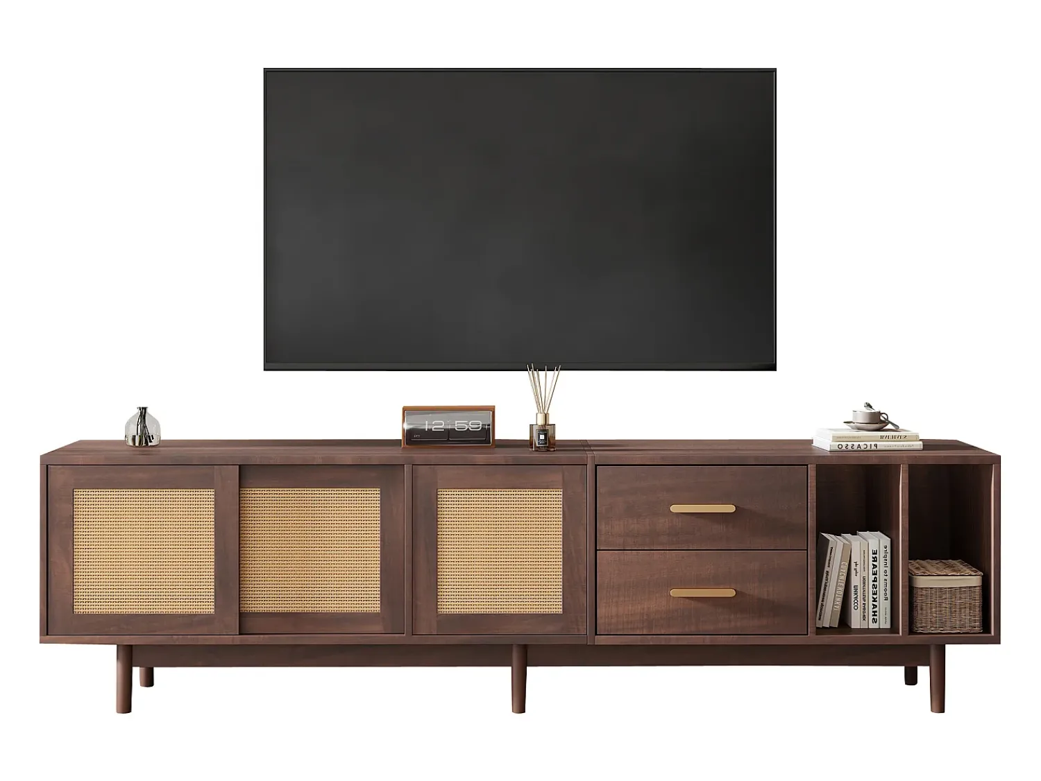 Móvel De Tv| Suporte para TV com 2 portas e 2 gavetas - Suporte para TV com 2 espaços de arrumação abertos - - para sala de estar Castanho