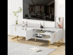 Móvel De Tv|Hauss Spole Suporte para TV com 4 portas, pés dourados - Porta texturada - Branco