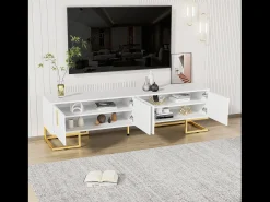 Móvel De Tv|Hauss Spole Suporte para TV com 4 portas, pés dourados - Porta texturada - Branco