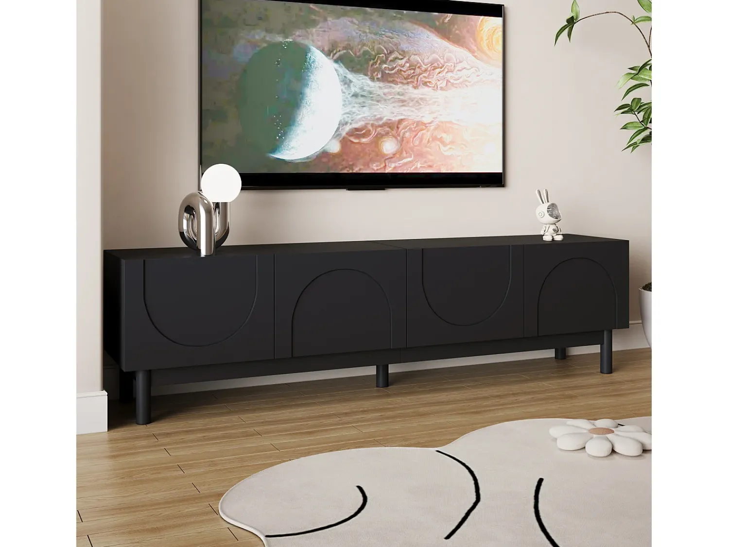Best Hauss Spole Suporte para TV com 4 portas curvas em formato de onda - Preto