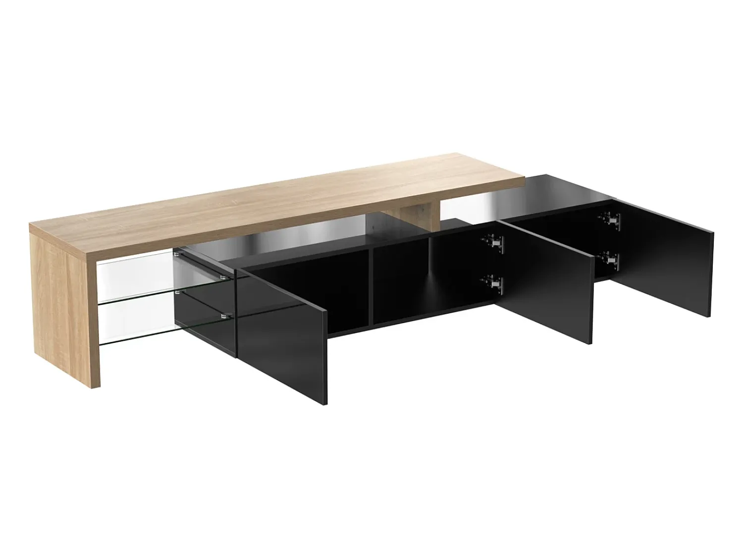 Móvel De Tv|Hauss Spole Suporte para TV com 3 portas, 2 prateleiras em vidro e iluminação LED - Acabamento em brilhante Preto
