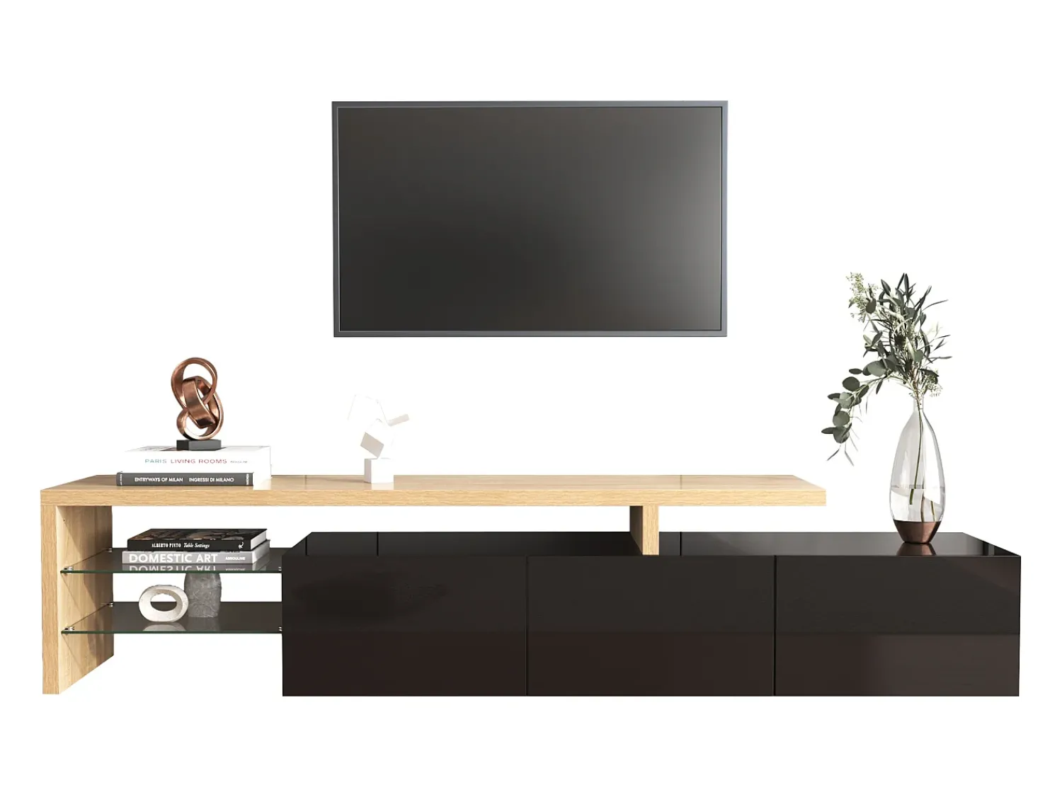 Móvel De Tv|Hauss Spole Suporte para TV com 3 portas, 2 prateleiras em vidro e iluminação LED - Acabamento em brilhante Preto