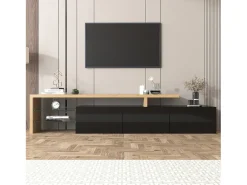 Móvel De Tv|Hauss Spole Suporte para TV com 3 portas, 2 prateleiras em vidro e iluminação LED - Acabamento em brilhante Preto