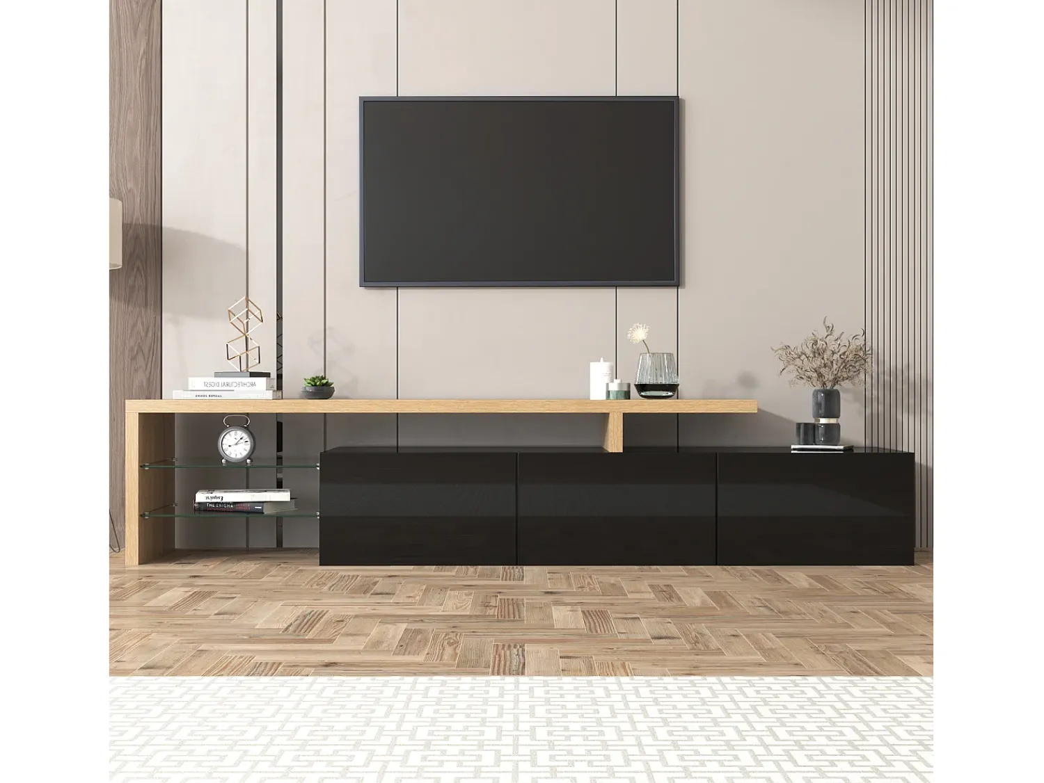 Móvel De Tv|Hauss Spole Suporte para TV com 3 portas, 2 prateleiras em vidro e iluminação LED - Acabamento em brilhante Preto
