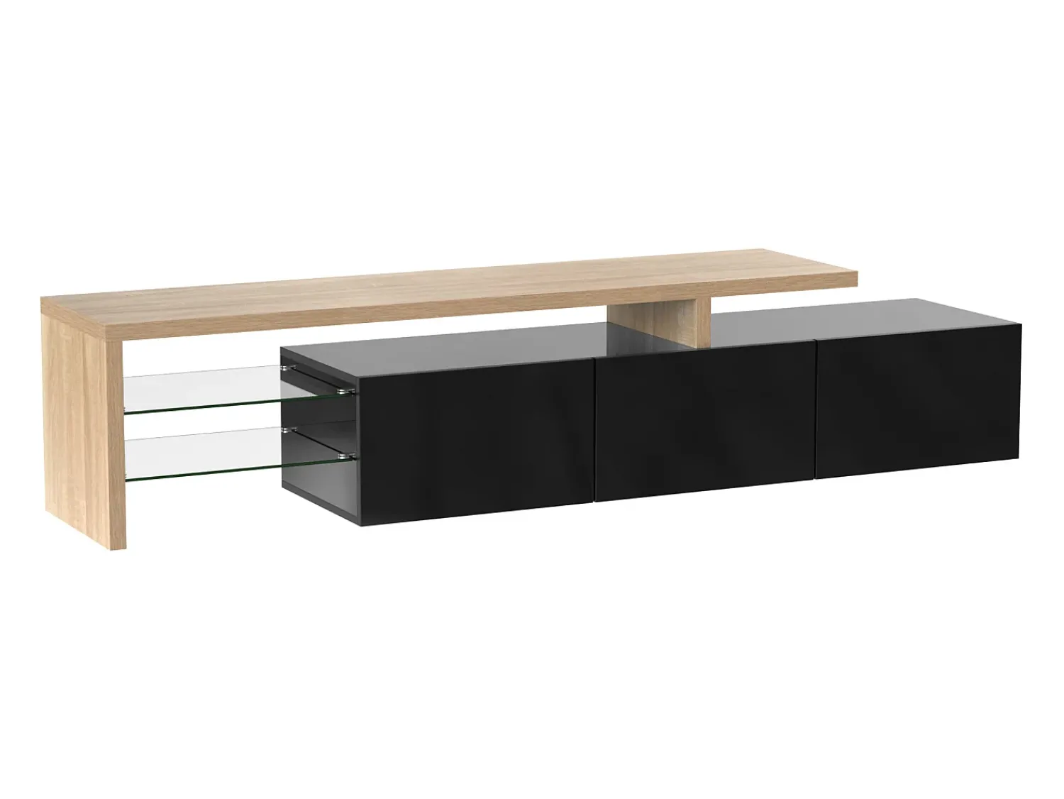 Móvel De Tv|Hauss Spole Suporte para TV com 3 portas, 2 prateleiras em vidro e iluminação LED - Acabamento em brilhante Preto