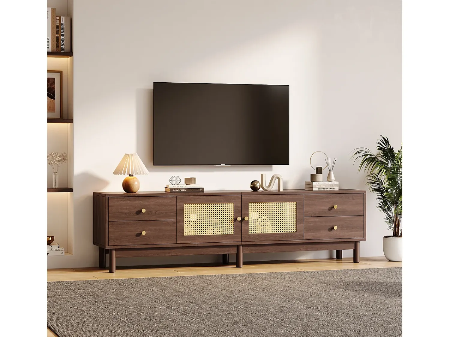 Discount Hauss Spole Suporte para TV com 2 portas e 4 gavetas, gestão de cabos, Castanho