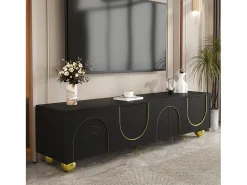Móvel De Tv*Hauss Spole Suporte para TV com 4 portas texturadas e pés redondos dourados - Madeira PB - Preto