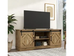 Móvel De Tv|Hauss Spole Suporte para TV com 2 portas de correr - acabamento em folheado de madeira - Madeira Natural claro