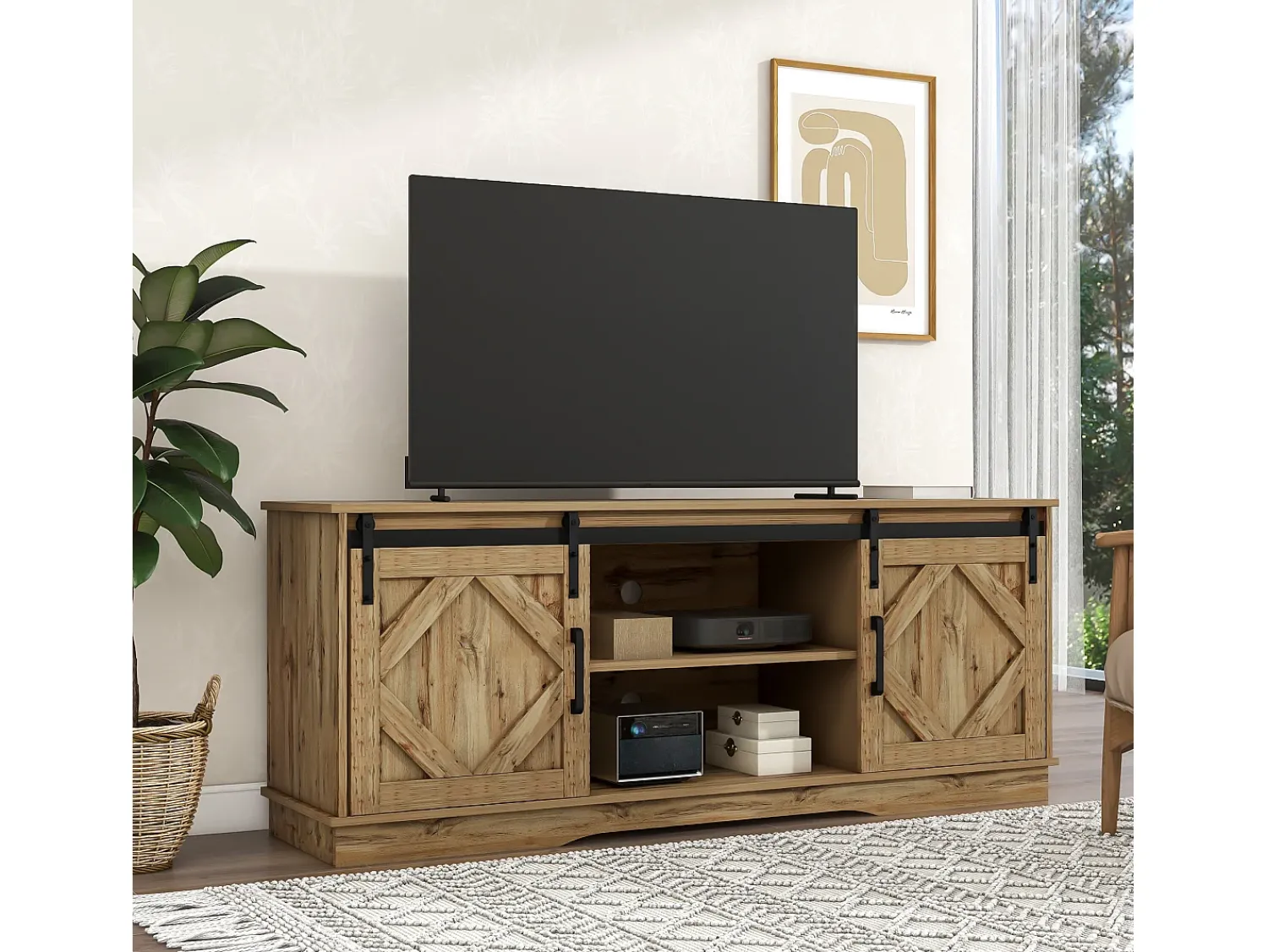 Móvel De Tv|Hauss Spole Suporte para TV com 2 portas de correr - acabamento em folheado de madeira - Madeira Natural claro