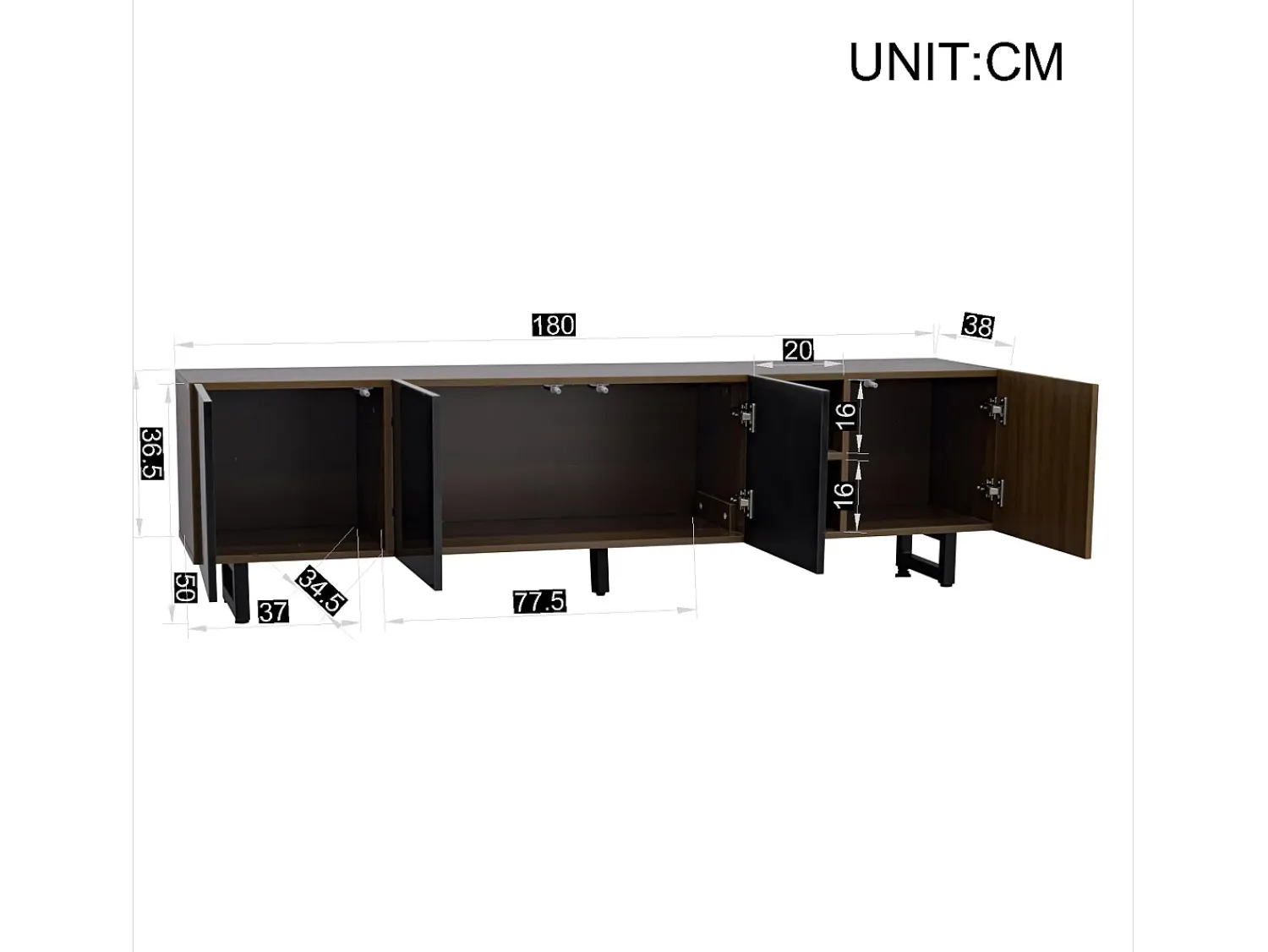 Móvel De Tv*Hauss Spole Suporte para TV com 4 portas - Acabamento em brilhante - Cor da madeira 180 x 38 x 50 cm Preto