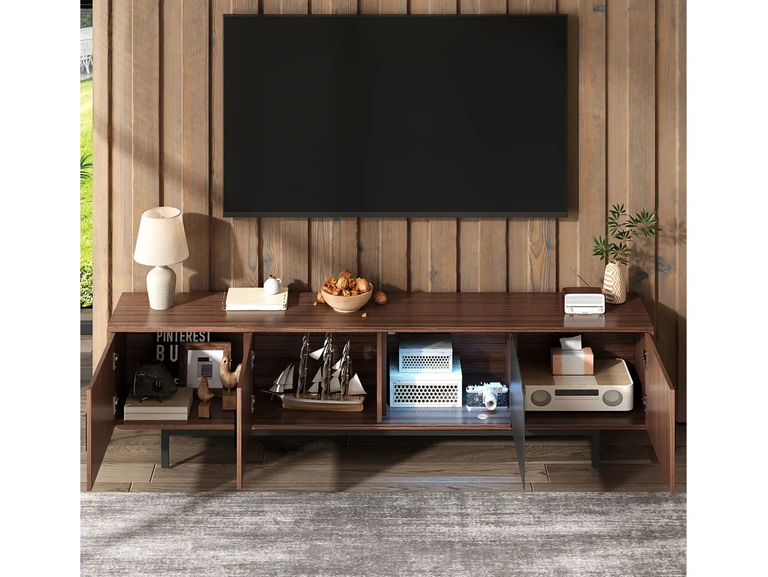 Móvel De Tv|Hauss Spole Suporte para TV com 4 portas e iluminação LED - Madeira MDF e vidro - Castanho