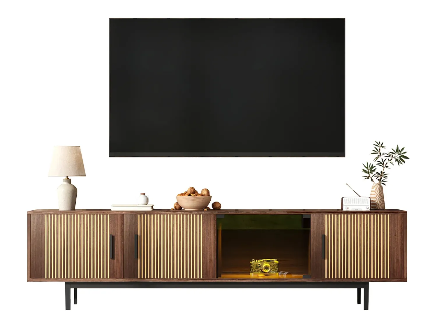 Móvel De Tv|Hauss Spole Suporte para TV com 4 portas e iluminação LED - Madeira MDF e vidro - Castanho