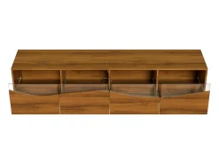 Móvel De Tv*Hauss Spole Suporte para TV com 4 portas de vidro, luzes LED, pés em metal e acabamento em madeira. Natural claro