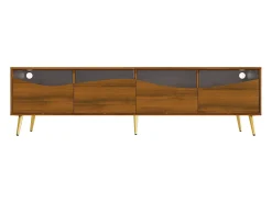Móvel De Tv*Hauss Spole Suporte para TV com 4 portas de vidro, luzes LED, pés em metal e acabamento em madeira. Natural claro