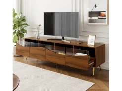 Móvel De Tv*Hauss Spole Suporte para TV com 4 portas de vidro, luzes LED, pés em metal e acabamento em madeira. Natural claro