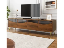 Móvel De Tv*Hauss Spole Suporte para TV com 4 portas de vidro, luzes LED, pés em metal e acabamento em madeira. Natural claro