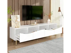 Móvel De Tv|Hauss Spole Suporte para TV com 4 portas em vidro, luzes LED, pés em metal, cor branca. Branco