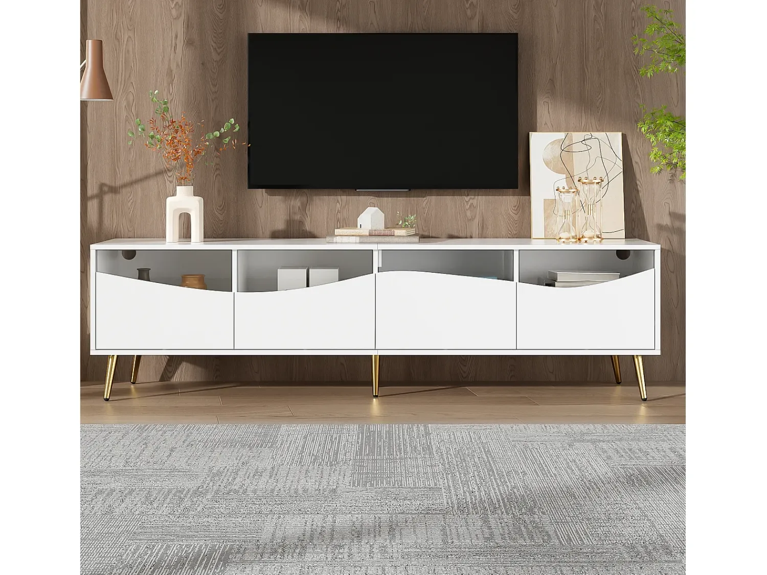 Móvel De Tv|Hauss Spole Suporte para TV com 4 portas em vidro, luzes LED, pés em metal, cor branca. Branco