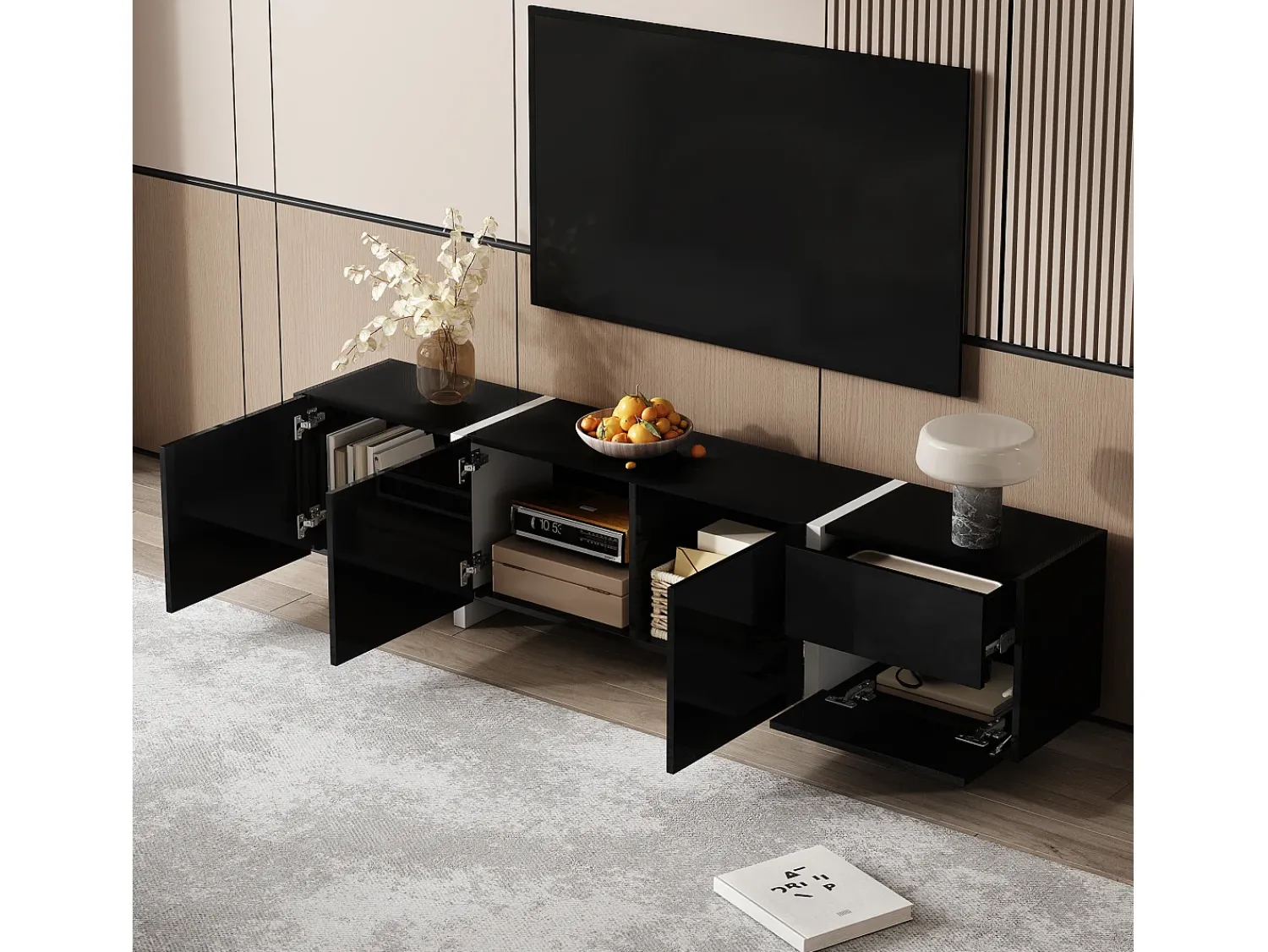 Móvel De Tv*Hauss Spole Suporte para TV com 4 portas e 1 gaveta, pés s, acabamento brilhante, Preto