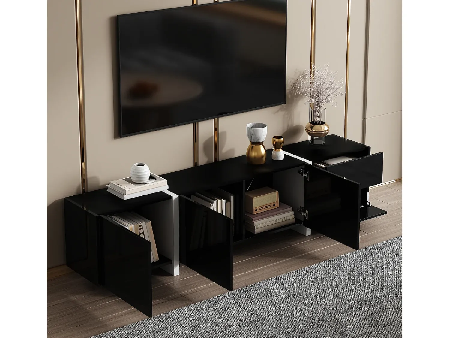 Móvel De Tv*Hauss Spole Suporte para TV com 4 portas e 1 gaveta, pés s, acabamento brilhante, Preto