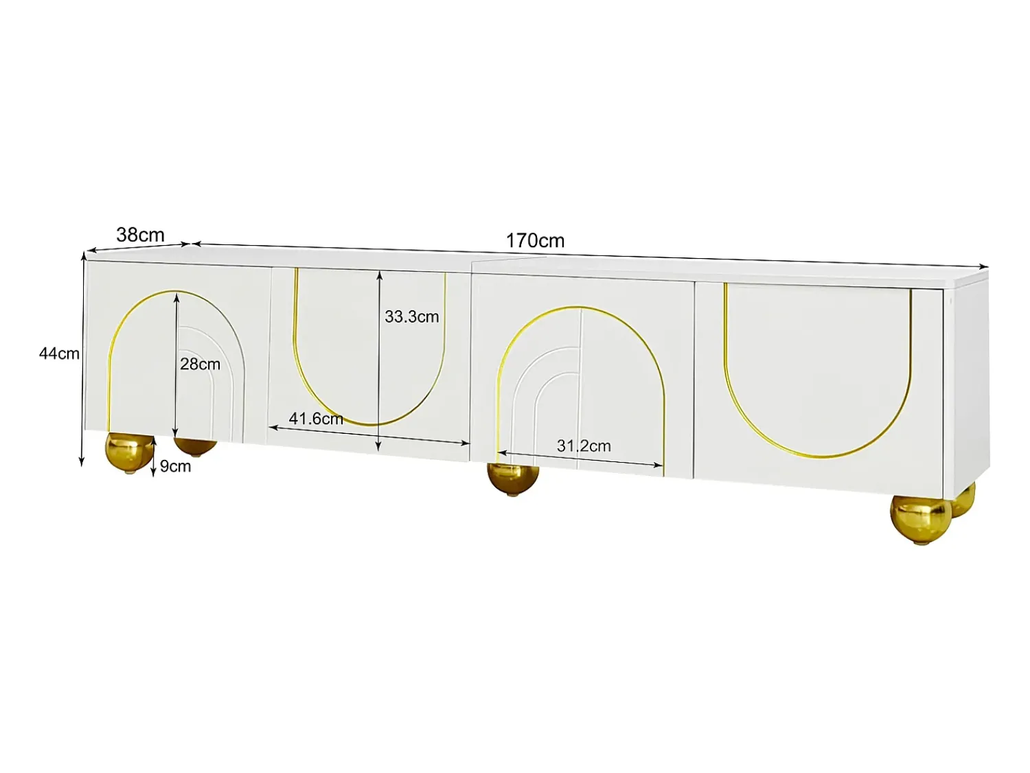 Online Hauss Spole Suporte para TV com 4 portas texturadas - pés redondos dourados - madeira PB Branco