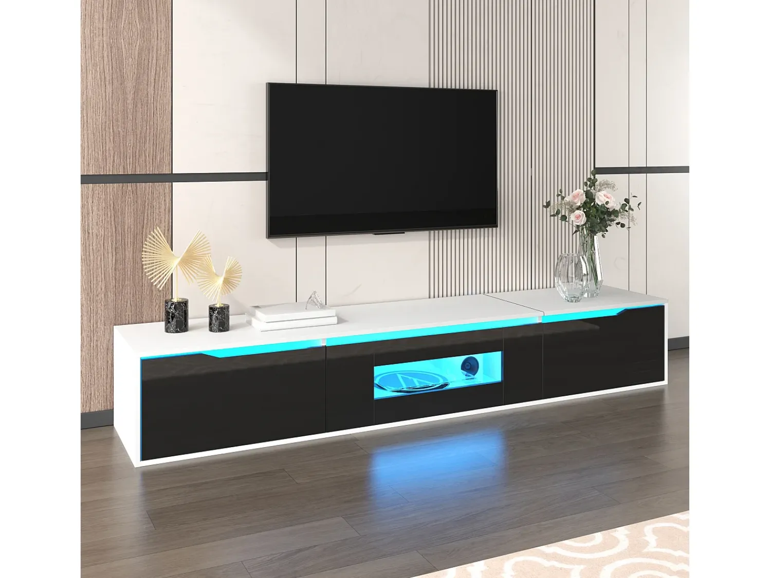 Móvel De Tv| Suporte para TV com acabamento brilhante, em preto e , com iluminação LED de mudança de cor. Branco