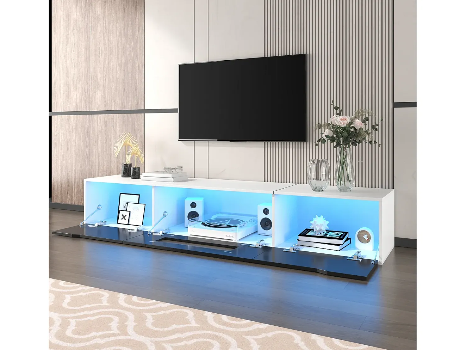 Móvel De Tv| Suporte para TV com acabamento brilhante, em preto e , com iluminação LED de mudança de cor. Branco