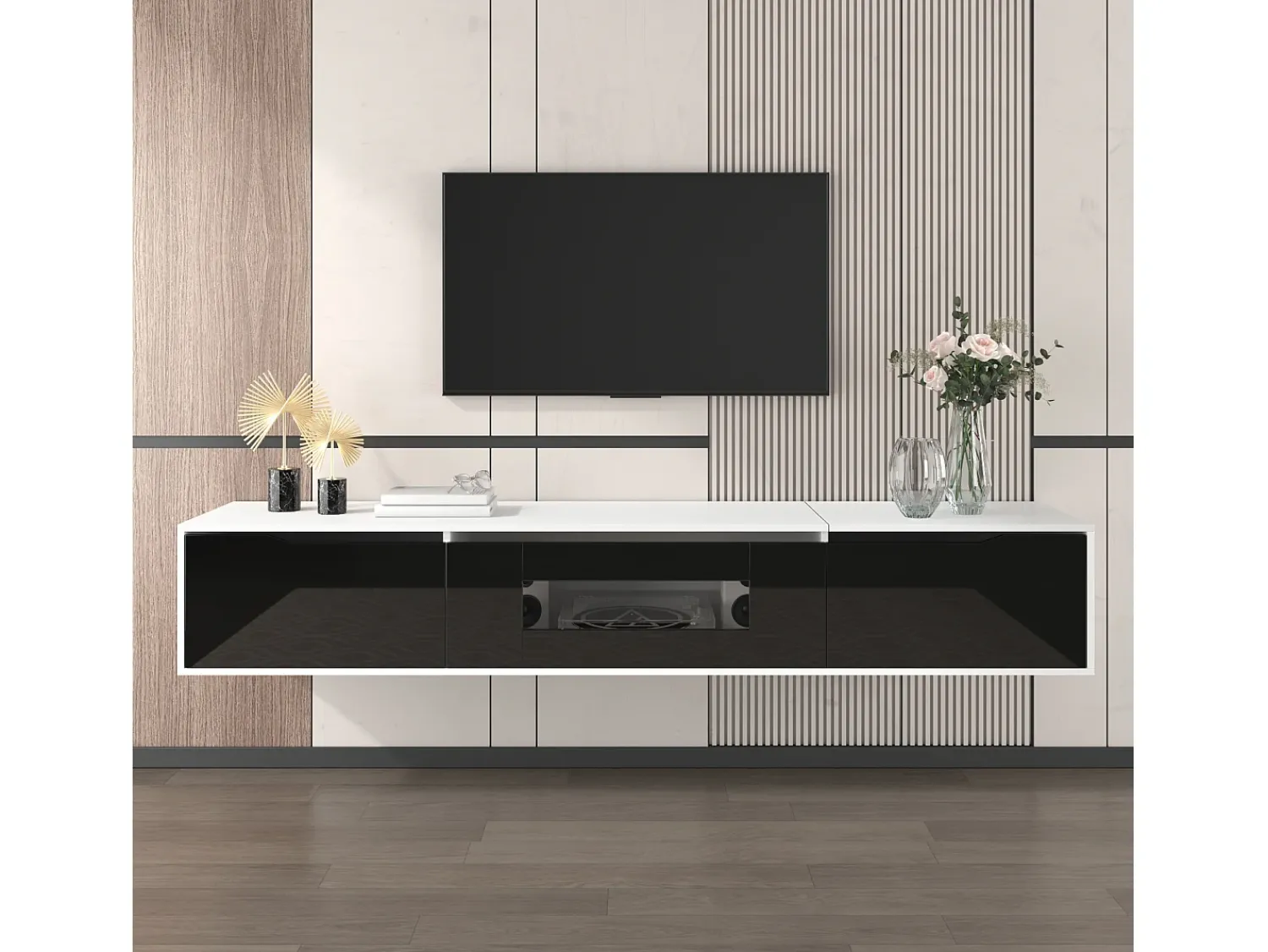 Móvel De Tv| Suporte para TV com acabamento brilhante, em preto e , com iluminação LED de mudança de cor. Branco