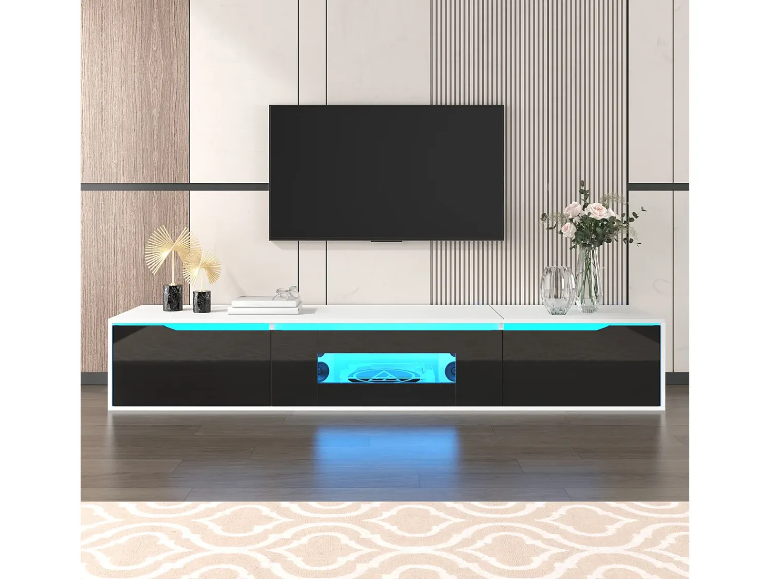 Móvel De Tv| Suporte para TV com acabamento brilhante, em preto e , com iluminação LED de mudança de cor. Branco