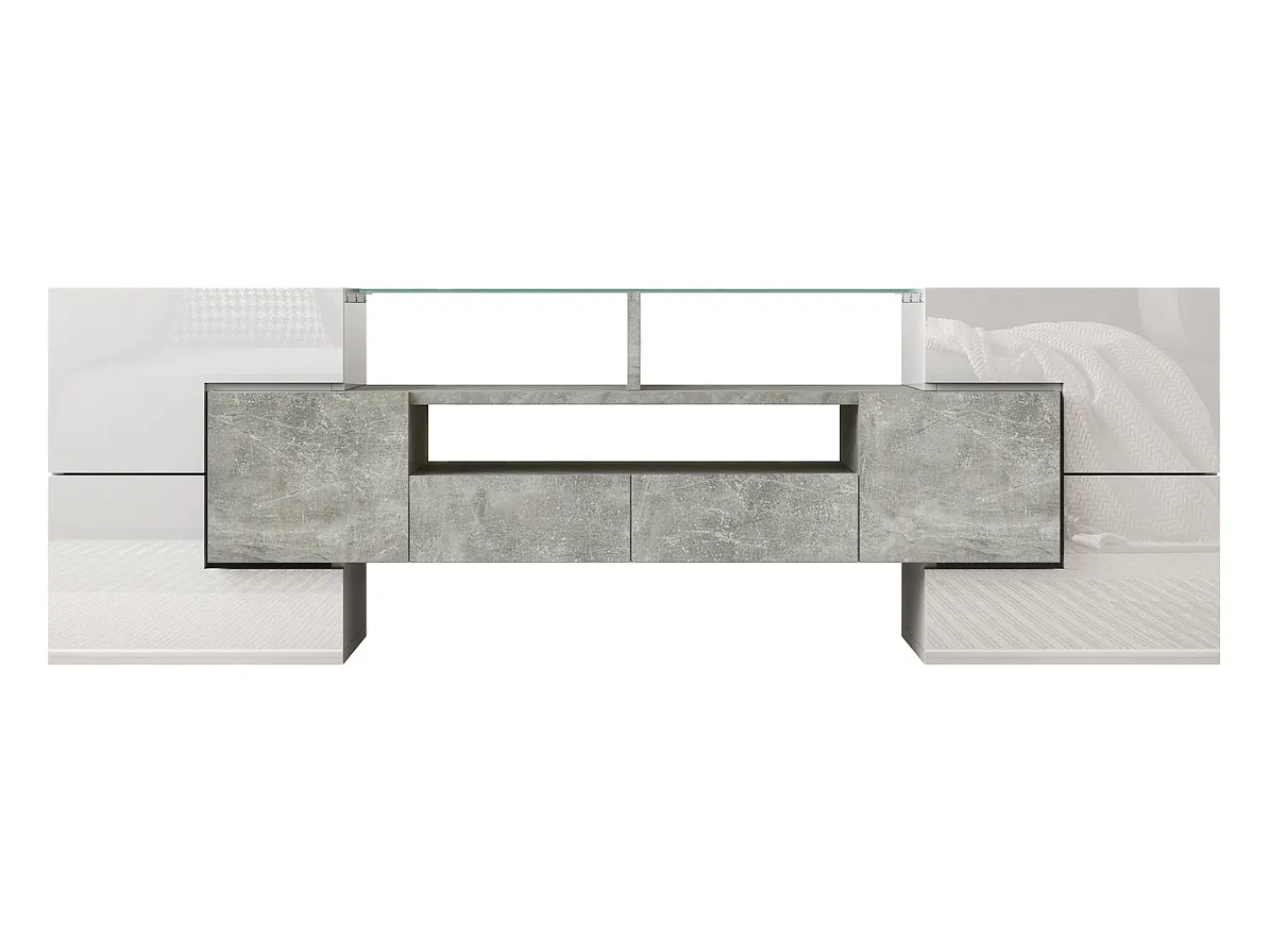 New Suporte para TV com alto brilho - Suporte para TV para sala de estar com iluminação LED - 6 portas e 2 gavetas - e cinzento Branco