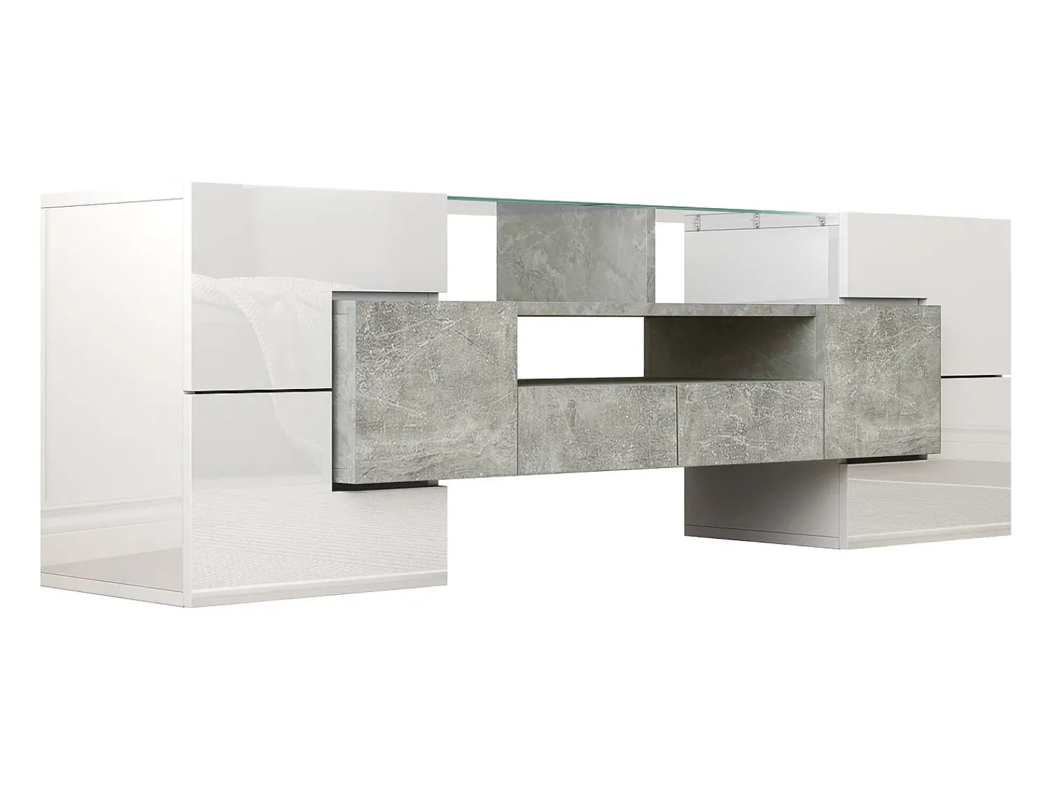 New Suporte para TV com alto brilho - Suporte para TV para sala de estar com iluminação LED - 6 portas e 2 gavetas - e cinzento Branco
