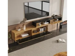 Móvel De Tv* Suporte para TV com comprimento ajustável de 130 a 200 cm, acabamento em mármore PVC, design em camadas, madeira. Castanho