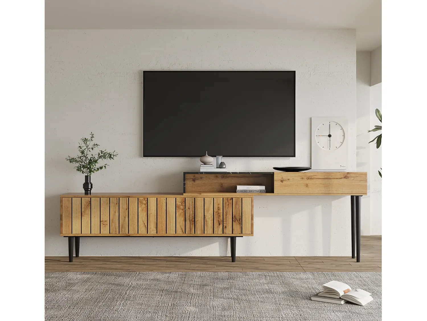 Móvel De Tv* Suporte para TV com comprimento ajustável de 130 a 200 cm, acabamento em mármore PVC, design em camadas, madeira. Castanho