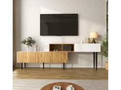 Suporte para TV com comprimento ajustável, design modular em 2 partes, pés de metal, madeira + branco fosco^ Móvel De Tv