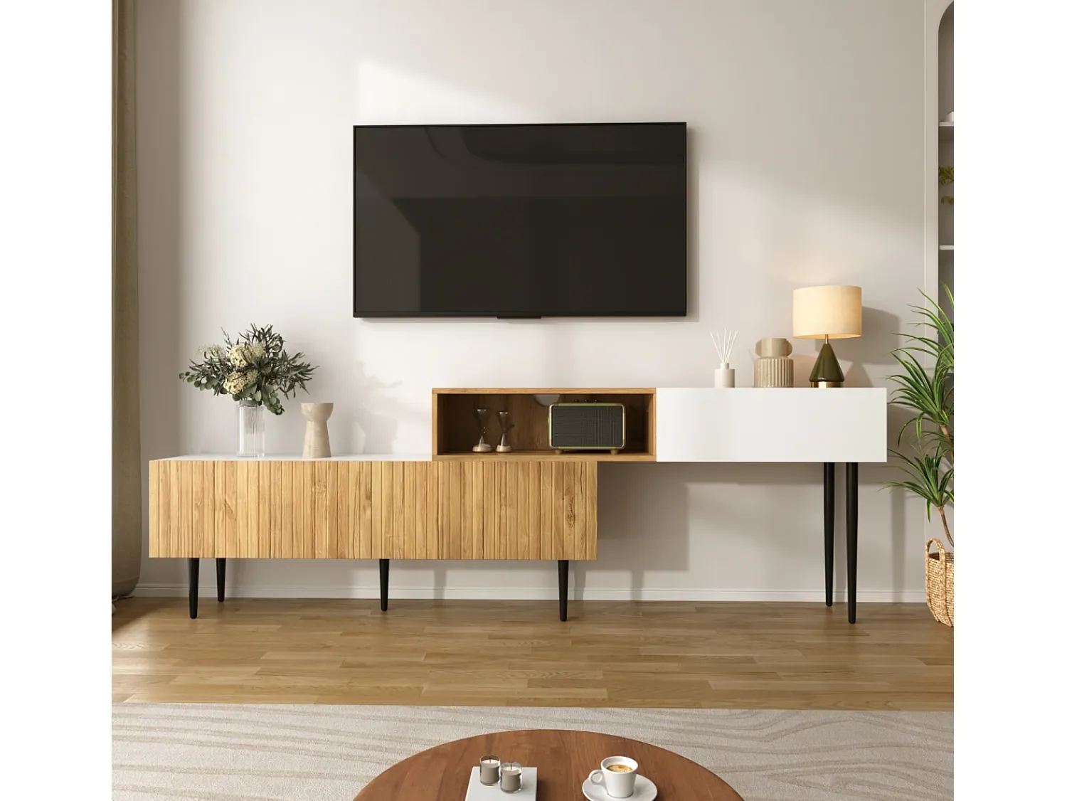 Suporte para TV com comprimento ajustável, design modular em 2 partes, pés de metal, madeira + branco fosco^ Móvel De Tv