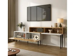 Suporte para TV com comprimento ajustável, design modular em 2 partes, pés de metal, madeira + branco fosco^ Móvel De Tv