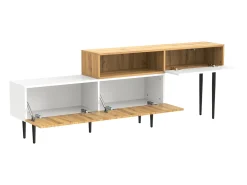 Suporte para TV com comprimento ajustável, design modular em 2 partes, pés de metal, madeira + branco fosco^ Móvel De Tv