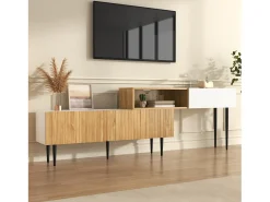Suporte para TV com comprimento ajustável, design modular em 2 partes, pés de metal, madeira + branco fosco^ Móvel De Tv