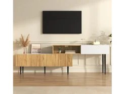 Suporte para TV com comprimento ajustável, design modular em 2 partes, pés de metal, madeira + branco fosco^ Móvel De Tv