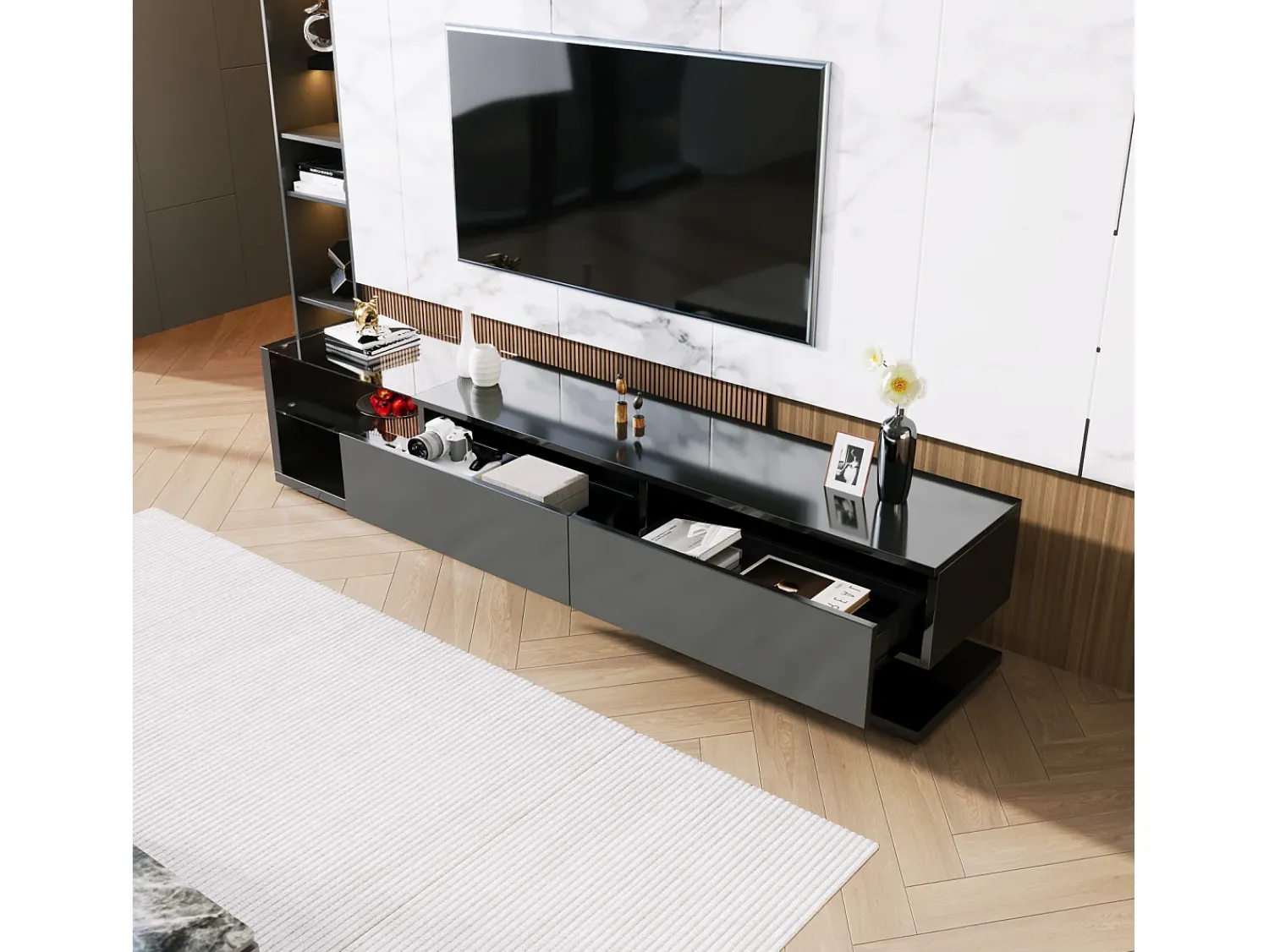 Móvel De Tv* Suporte para TV com divisórias de vidro e iluminação LED regulável, com 2 gavetas e uma prateleira aberta, . Preto