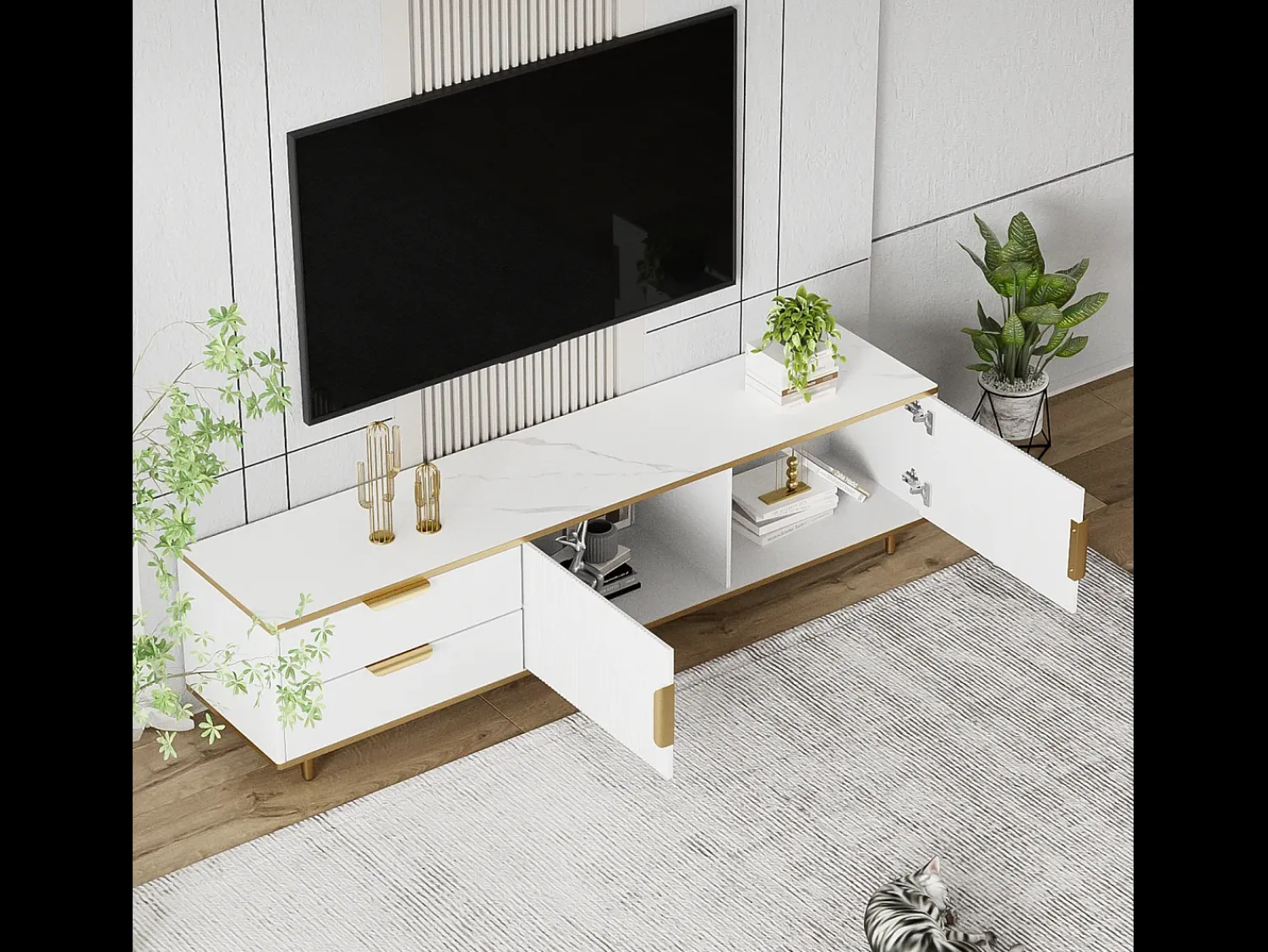 New Suporte para TV com espaço de armazenamento, 2 portas e 2 gavetas, suporte baixo para TV, pés e puxadores dourados, Branco