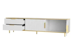 New Suporte para TV com espaço de armazenamento, 2 portas e 2 gavetas, suporte baixo para TV, pés e puxadores dourados, Branco