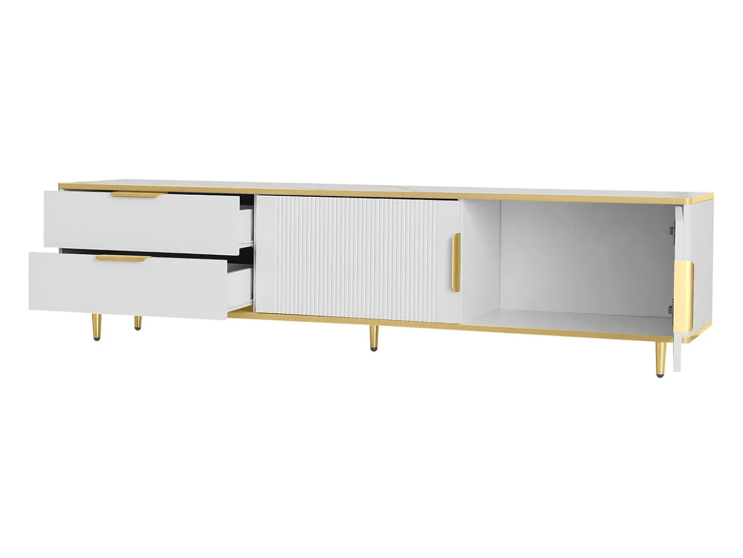 New Suporte para TV com espaço de armazenamento, 2 portas e 2 gavetas, suporte baixo para TV, pés e puxadores dourados, Branco