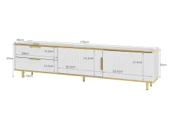 New Suporte para TV com espaço de armazenamento, 2 portas e 2 gavetas, suporte baixo para TV, pés e puxadores dourados, Branco