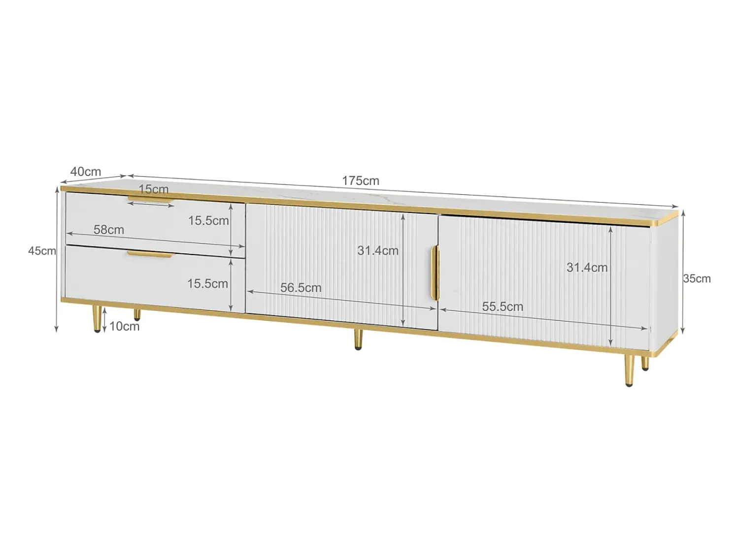New Suporte para TV com espaço de armazenamento, 2 portas e 2 gavetas, suporte baixo para TV, pés e puxadores dourados, Branco